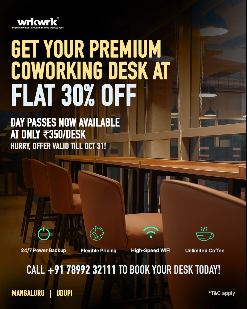 itswrkwrk's tweet image. Half the month’s gone, but the offer still stands. Your chance to work from inspiring, cool workspaces at FLAT 30% OFF is still on the table.😉 
#wrkwrk #BookNow #SpecialDiscount #CoworkingSpaces #Mangaluru #Udupi