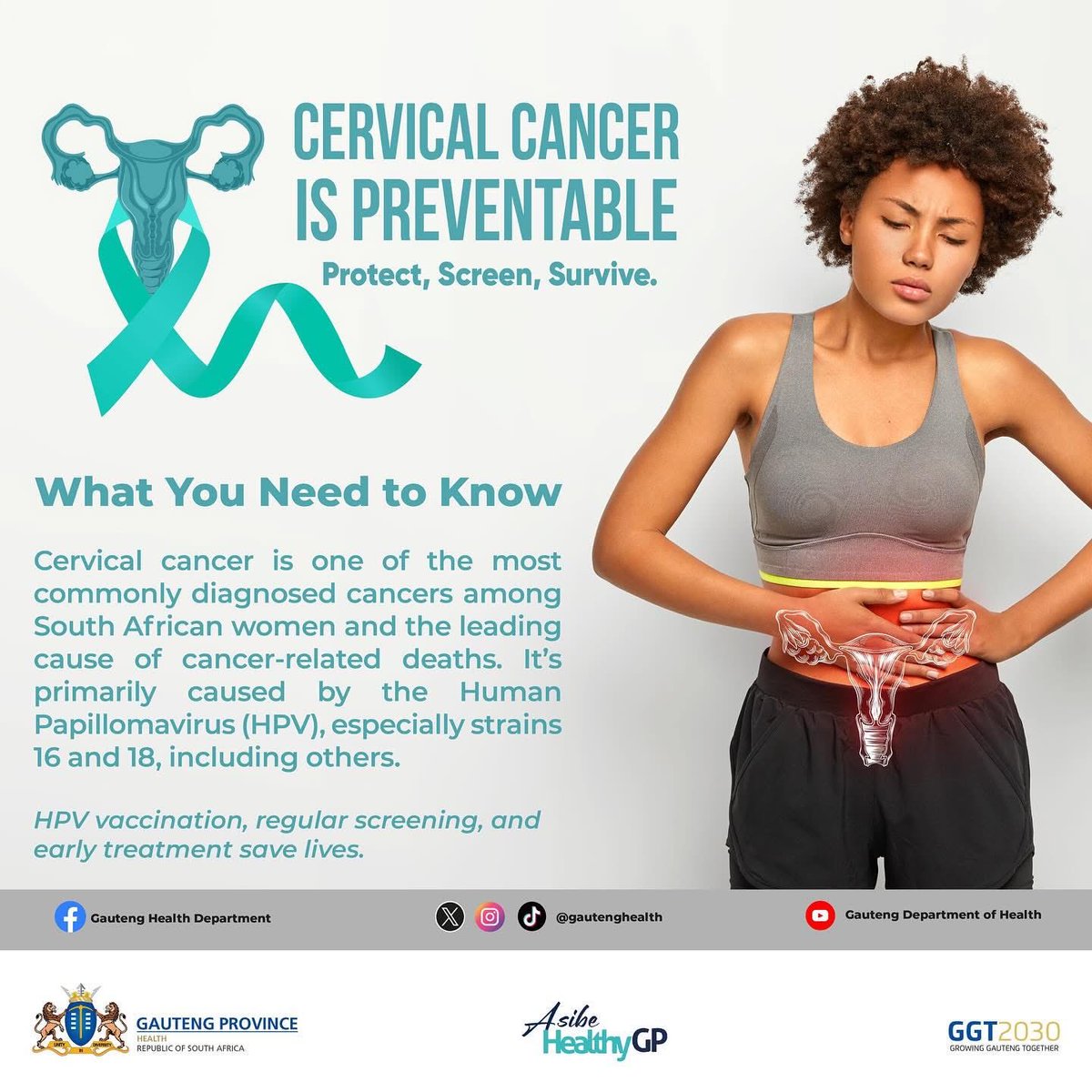 GautengHealth's tweet photo. Cervical cancer remains one of the leading causes of cancer-related deaths among South African women - but it doesn’t have to be. With HPV vaccination, regular screening, and early treatment, lives can be saved. #CervicalCancerAwareness #ProtectScreenSurvive #AsibeHealthyGP https://t.co/7vIqTmRcI1