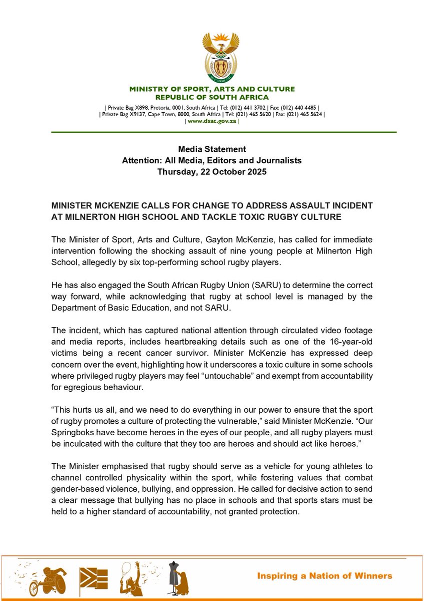 SportArtsCultur's tweet image. Media Statement

Minister McKenzie calls for change to address assault incident at Milnerton high school and tackle toxic rugby culture

The Minister of Sport, Arts and Culture, Gayton McKenzie, has called for immediate intervention following the shocking assault of nine young…
