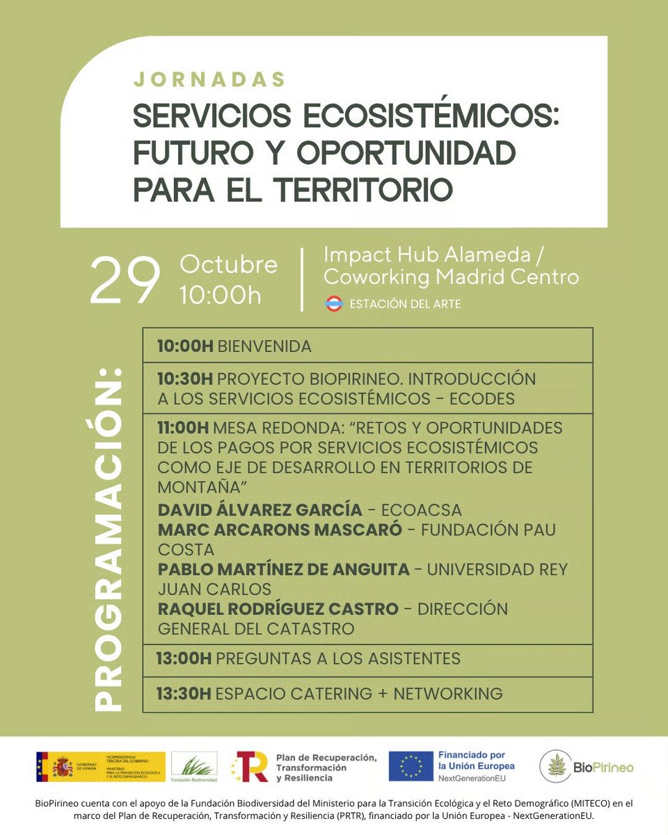 📆29 octubre #Madrid
#BioPirineo (iniciativa de <a href="/ecodes/">ECODES</a> con <a href="/IPE_CSIC/">Instituto Pirenaico de Ecología</a>,
<a href="/CITAAragon/">CITA Aragón</a> y <a href="/ecounion/">ecounion</a>) Organiza esta jornada que busca dinamizar la #bioeconomía forestal a través de actividades como naturaleza, personas y futuro, para repensar el territorio.

biopirineo.es/jornadas-servi…