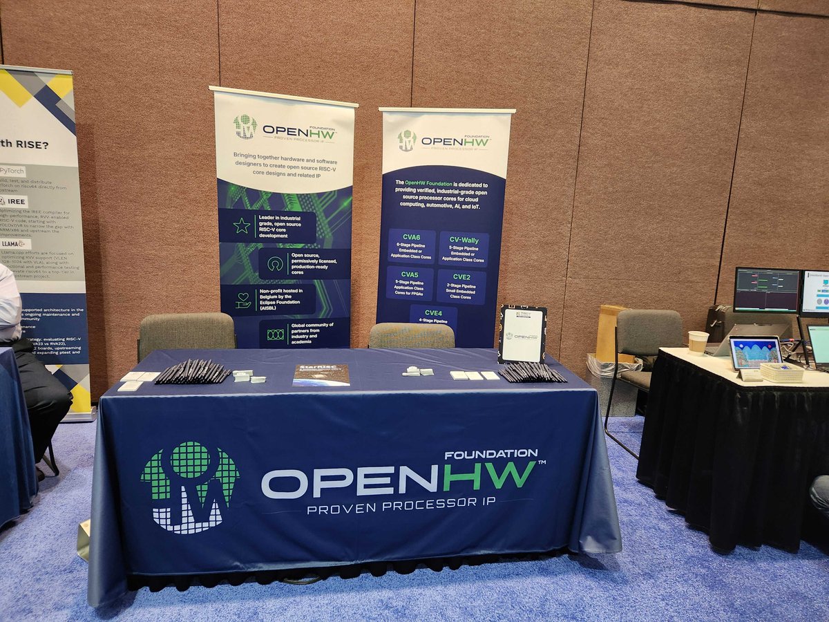 OpenHWFdn's tweet image. 📢 The #RISCVSummit is officially underway! 

Stop by booth #S9 and meet @FlorianWoh and the OpenHW Foundation team. Learn more about our extensive catalog of open source RISC-V processor cores.

#opensource #RISCV #OpenHW