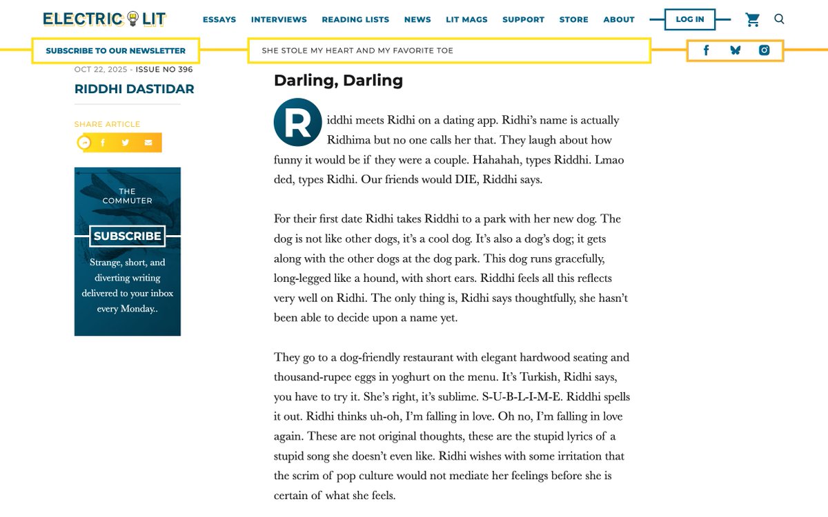 i have new fiction out on electric lit. it's very short. you should read it on your lunchbreak if you enjoy strange and offputting lovers, or if the phrase 'urge to merge' means anything to you. 
electricliterature.com/darling-darlin…