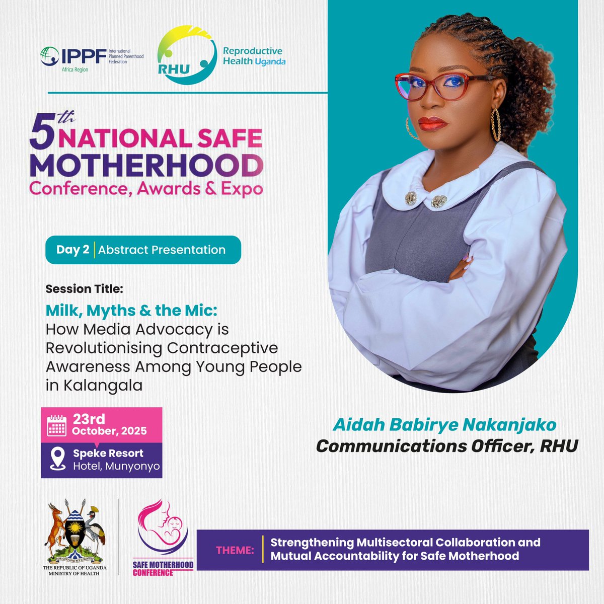RHUganda's tweet photo. Aidah Babirye, Communications Officer at RHU, is presenting her abstract titled:
“Milk, Myths & the Mic: How Media Advocacy is Revolutionising Contraceptive Awareness Among Young People in Kalangala.”

Through this work, Aidah demonstrates how strategic media advocacy can dismantle contraceptive myths, amplify youth voices, and promote informed SRHR decisions.

#NSMC2025 #WeAreRHU