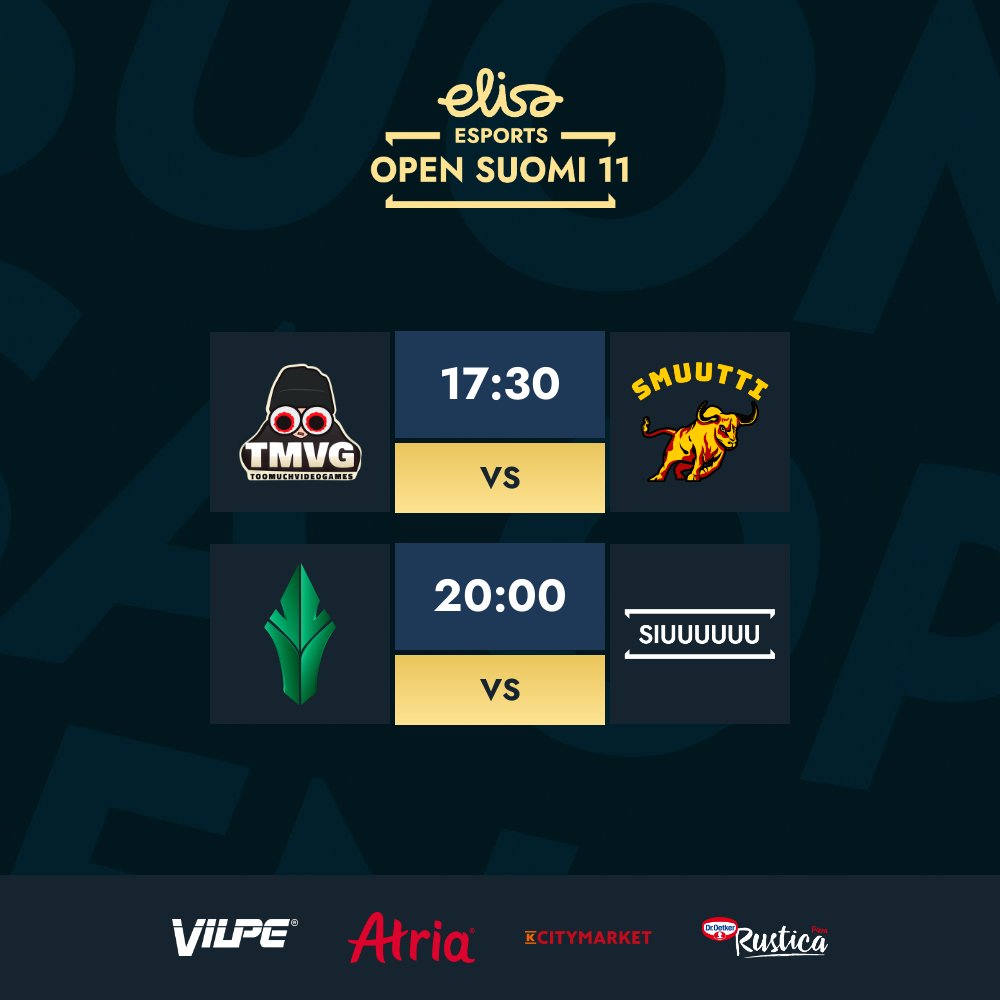 We go again!

⏰ 17:30
⚔️@2muchvideogames  vs Smuuttikusilkki

⏰ 20:00
⚔️ <a href="/HAVUgaming/">HAVU</a> vs SIUUUUUU

📺 twitch.tv/elisaviihdespo…
📺 youtube.com/@elisaesports

#ElisaOpen #esportsfi