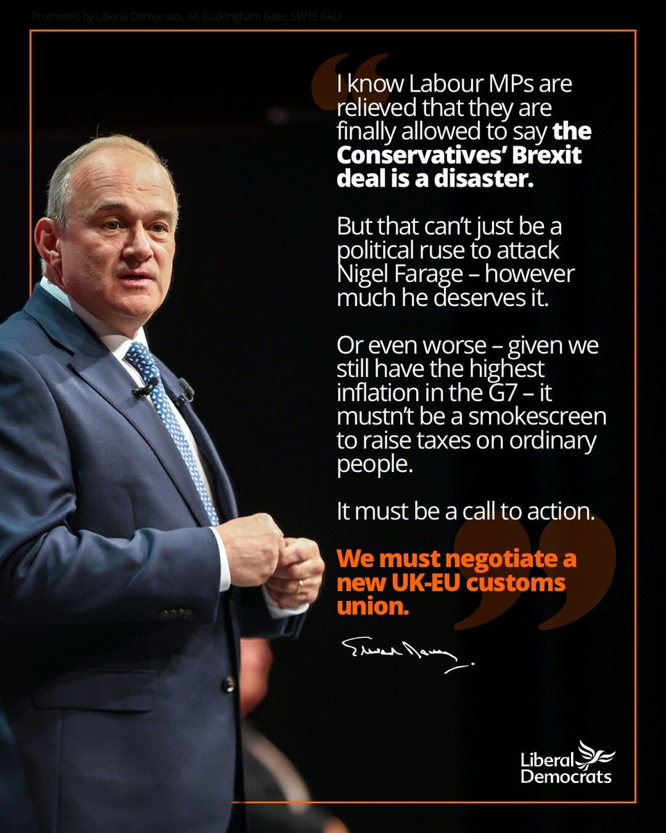 LibDems's tweet image. If Labour agree that the Tories' botched Brexit deal is hurting our country, they should stop complaining and start fixing it.
Starting with a new UK-EU customs union.