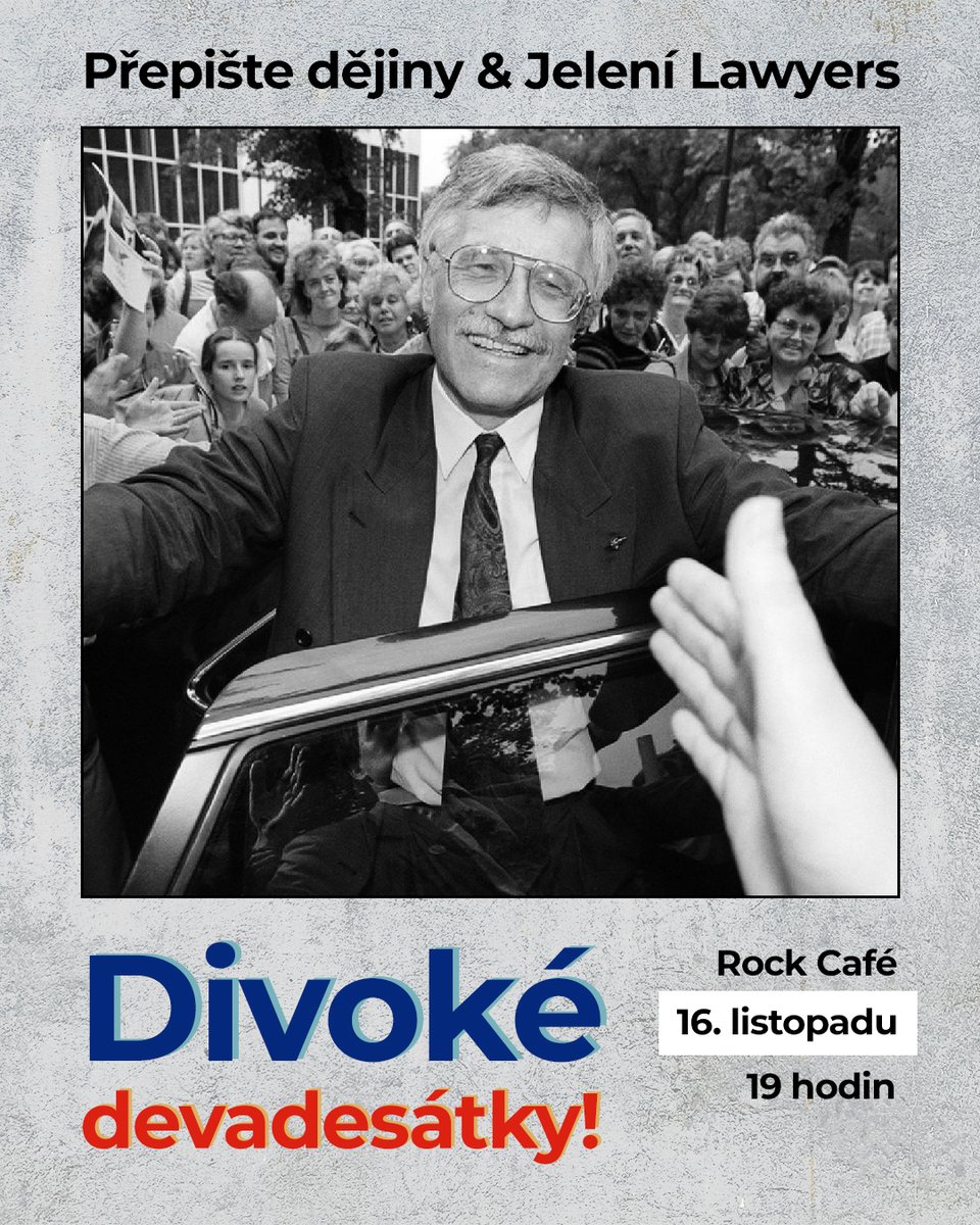 V listopadu zamíříme do devadesátek, takže jestli se do období kuponové privatizace nebo Klause a Zemana chcete vydat s námi, přijďte 16. listopadu do Rock Café. Navíc tam budeme společně s Jelení Lawyers, takže bude zajištěn i hudební program. Stavte se. goout.net/cs/prepiste-de…