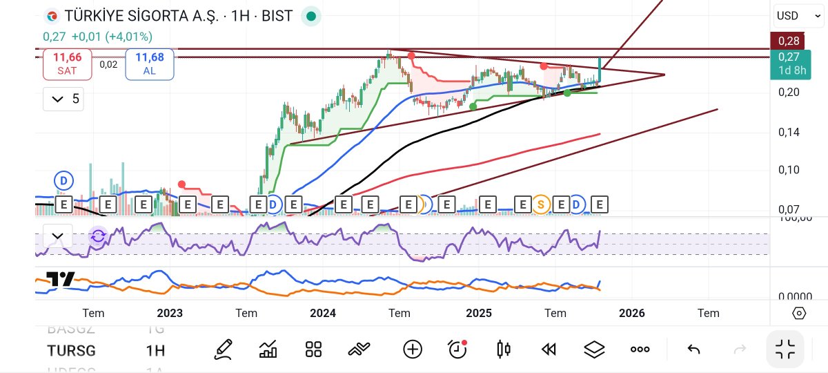 #tursg evet TL bazlı haftalık grafiği kırdı ama diyeceksiniz ki kardeşim kırdı da niye gitmiyor bu hisse, nedeni aşağıdaki grafikte, dolar bazlı grafikte 0.28 cent ile 0.30 cent seviyesinde bir direnç var, özellikle 0.30 cent (doları 42'den hesaplarsak TL olarak 12.60-12.70 en