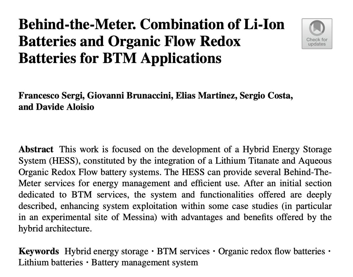 📢And another new publication 📰 It is a book chapter coming from the project efforts with the title "Behind-the-Meter. Combination of Li-Ion Batteries and Organic Flow Redox Batteries for BTM Applications".

You can download it from👉 hybris-project.eu/download/behin…