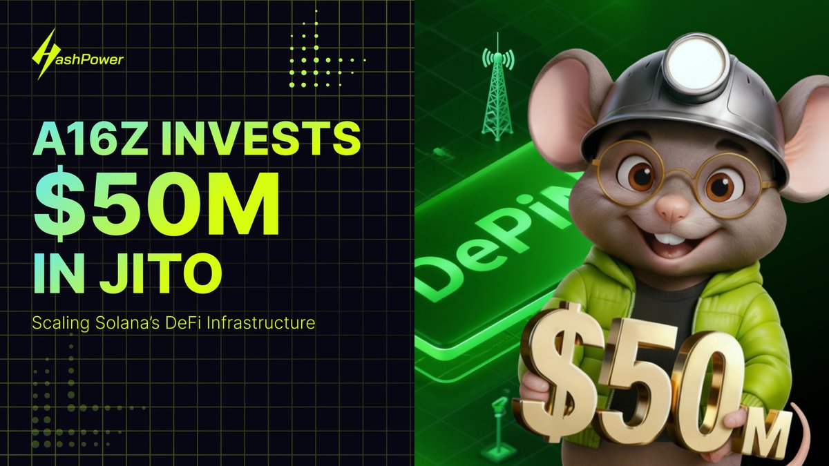 RaxFinance's tweet image. 🚀 BREAKING: a16z Crypto invests $50M in Jito to expand Solana’s DeFi infrastructure.

Solana isn’t just about chains—it’s about building rails. At @HashPowerX, we’re ready with the yield-staking and DePIN infra to plug into this momentum.

#Solana #DeFiInfra #DePIN #HashPowerX