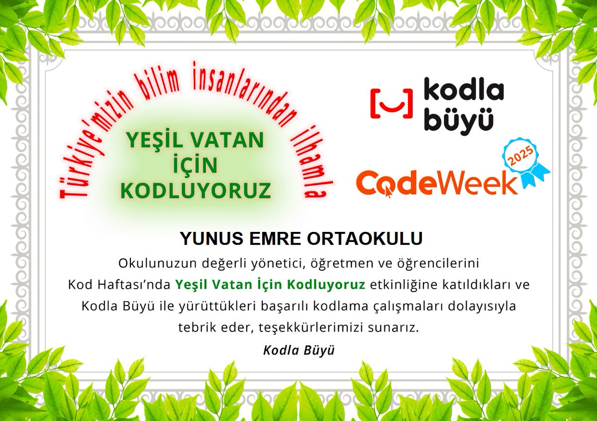HuyukYunusEmre's tweet image. Okulumuz öğrencileri Kod Haftası kapsamında Yeşil Vatan İçin Kodluyoruz etkinliklerine katıldılar.
#mebyegitek
#yeşilvatan
#codeweek
#codeweekturkiye