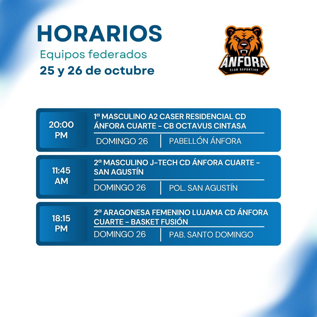 HORARIOS de los partidos de este fin de semana...

#CDAnfora #Cuarte #CuarteDeHuerva #Baloncesto