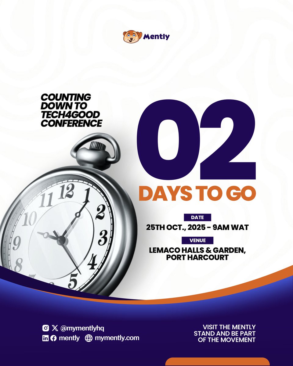 mymentlyhq's tweet photo. Just 2 more days till we bring the Mently experience to Tech4Good 4.0
See you all soon
Get your tickets: https://t.co/WX2wsNxuZy
#Mently #Tech4Good2025 #MentorshipMatters https://t.co/p5xcKBk9sN