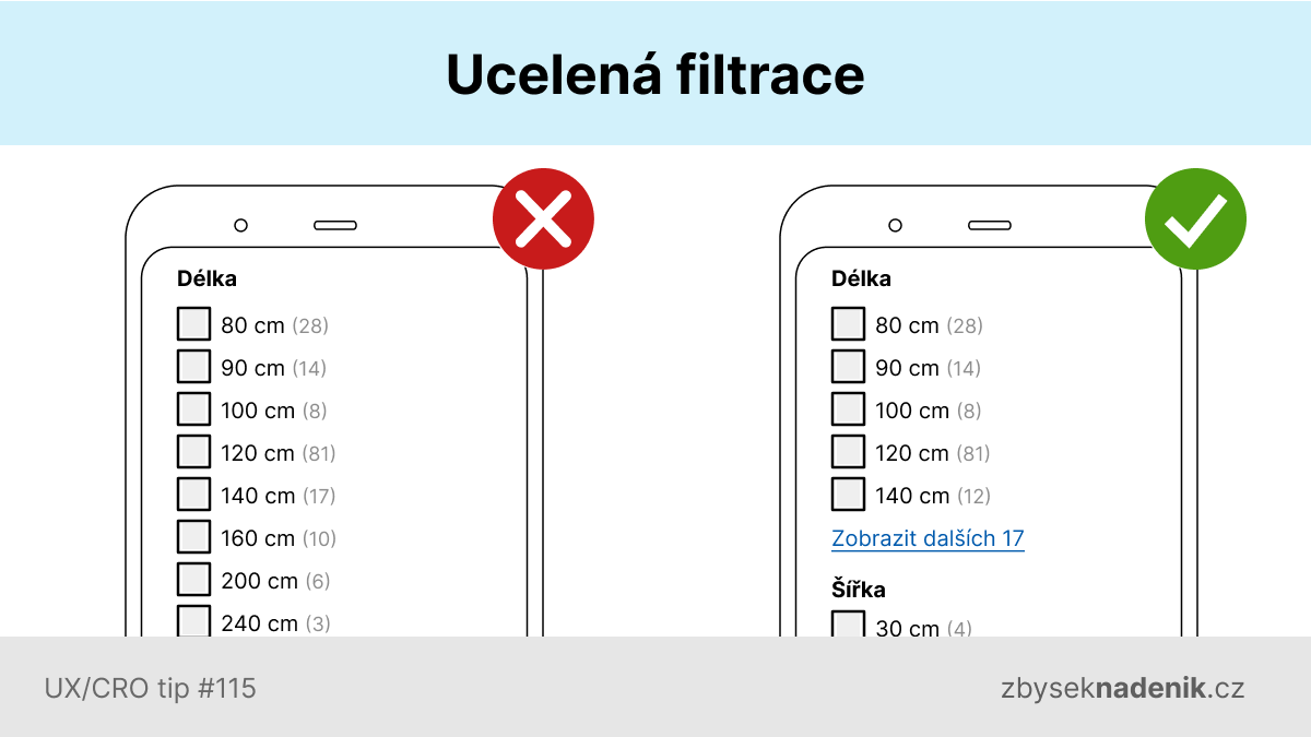 zbysek's tweet image. Pokud máte v jednotlivých filtrech více možností a máte filtraci obecně robustní, zvažte zobrazování jen části z nich.
Ostatní zobrazte až na vyžádání poté, co si uživatel klikne na “Zobrazit další”.
Filtrace se tím na první pohled zpřehlední a odlehčí.
#UX / CRO tip