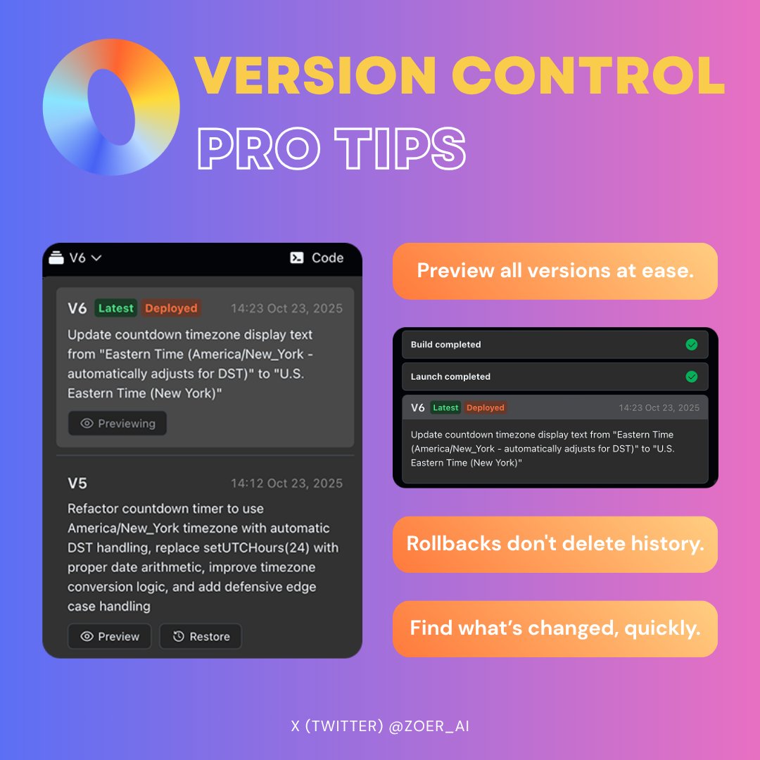 Zoer_ai's tweet image. Version Control in Zoer: quick tips to manage your app versions efficiently 🔄

Every change creates a new version automatically. Here&apos;s how to use it effectively:

#NoCode #FullStackAI #BuildWithAI