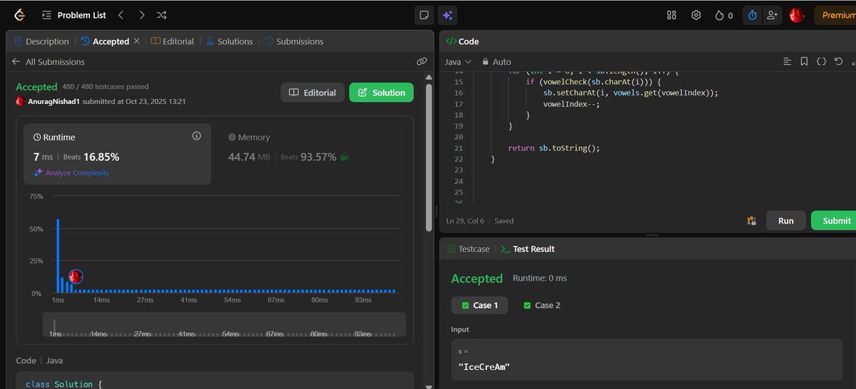 ReyedgeM's tweet image. 💡 Just solved LeetCode #345 – Reverse Vowels of a String! 🥳
Reversed all vowels in a string using Java ✅ StringBuilder + List approach. Feeling like a coding ninja! 💻✨ #100DaysOfCode #Java #LeetCode