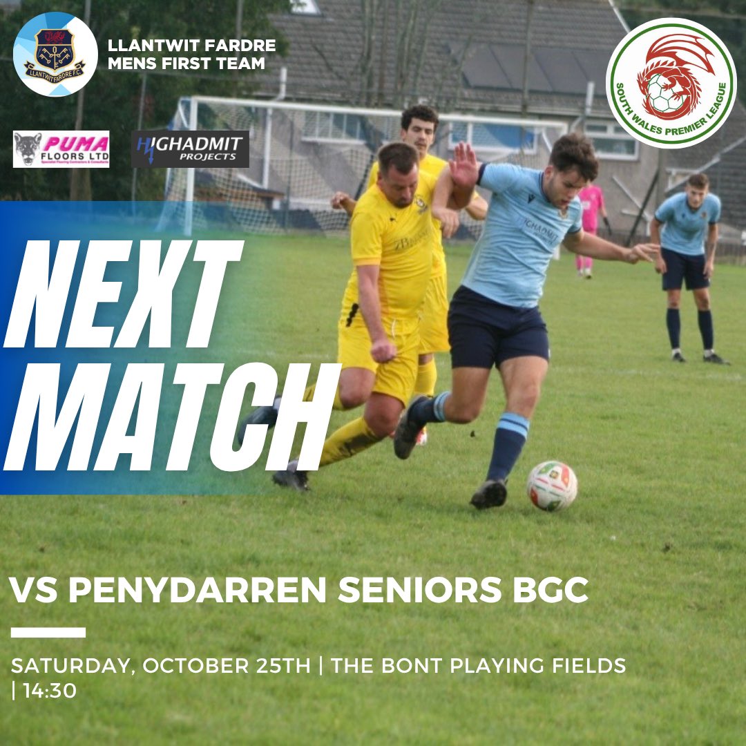 Come and get behind the lads this weekend as they look to bounce back in their cup fixture🔵

🏆Hight Admits Projects South Wales Premier League W John Owen Cup-R2
⏰ 14:30
🆚Penydarren BGC
🏟️The Bont Playing Fields
📍CF47 9HH

#VivaLaFardre #LlantwitFardreFC