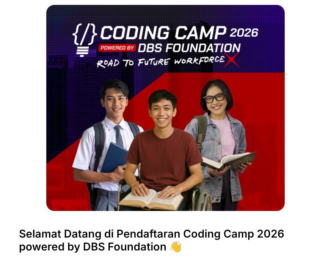 AfraSpace's tweet image. CODING CAMP 2026 by DBS FOUNDATION UDAH BUKA LAGI GUYS 👀👇
dicoding.com/codingcamp/reg…
