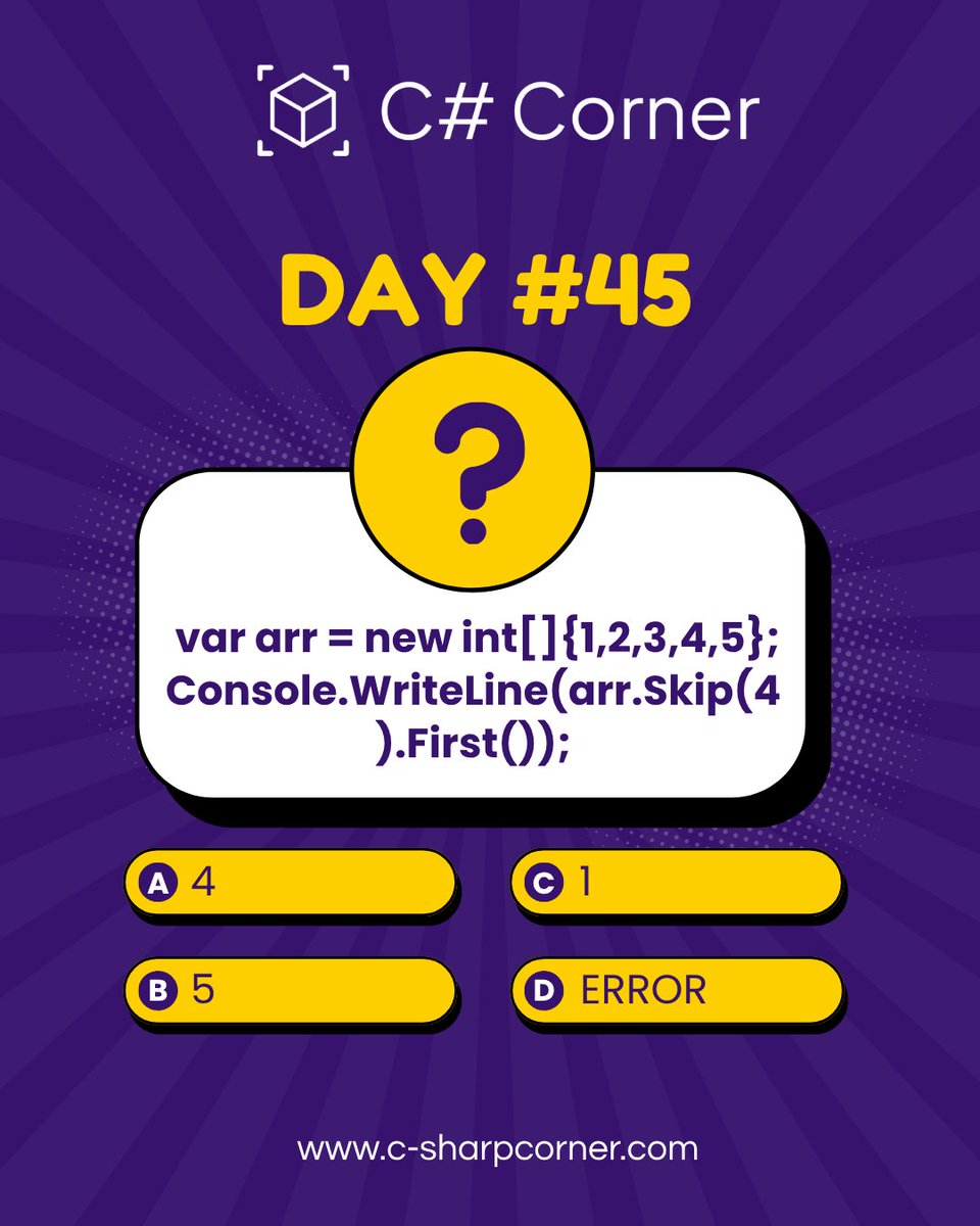 CsharpCorner's tweet image. 🚀 .𝐍𝐄𝐓 𝐂𝐡𝐚𝐥𝐥𝐞𝐧𝐠𝐞 – 𝐃𝐚𝐲 #45 🚀
𝐖𝐡𝐚𝐭 𝐰𝐢𝐥𝐥 𝐛𝐞 𝐭𝐡𝐞 𝐨𝐮𝐭𝐩𝐮𝐭? Drop your answers below! ⬇️
#CSharpCorner #DotNet #csharp #codingchallenge #day45 #LearnAndCode