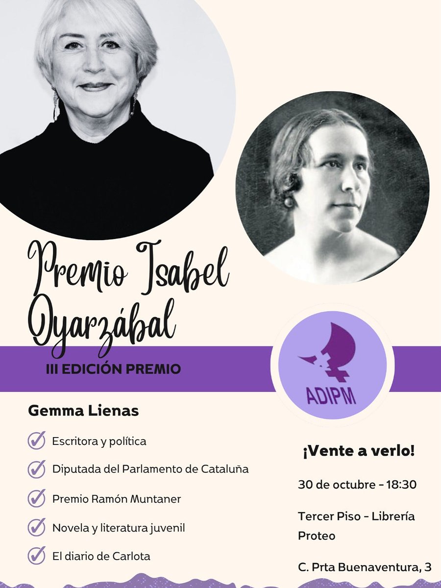 💜 III PREMIO ISABEL OYARZÁBAL 💜 
 
🕒 El próximo 30 de octubre a las 18:30 en la librería Proteo, entregamos nuestro premio Isabel Oyarzabal a Gemma Lienas

📍 Calle Puerta Buenaventura, 3 

‼️ ¡Os esperamos!

#PremioOyarzabal #adipm