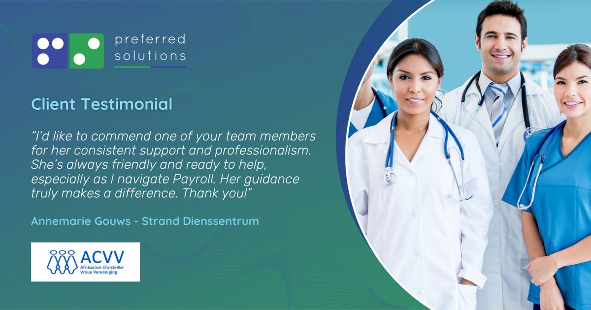 prefsolutions's tweet image. Annemarie Gouws from Strand ACVV Dienstak shares her appreciation for one of our team members at Preferred Solutions, praising her as always helpful, friendly, and inspiring. Thank you for recognizing our professionalism and support. Read more: zurl.co/L8Rqe
