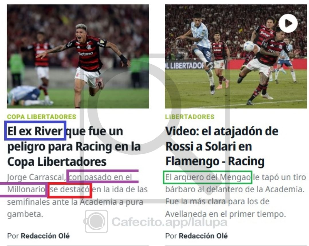 Lógica 100 % Olé: si se destaca un ex River, hay dos menciones al club. Si lo hace un ex Boca, su pasado no existe.