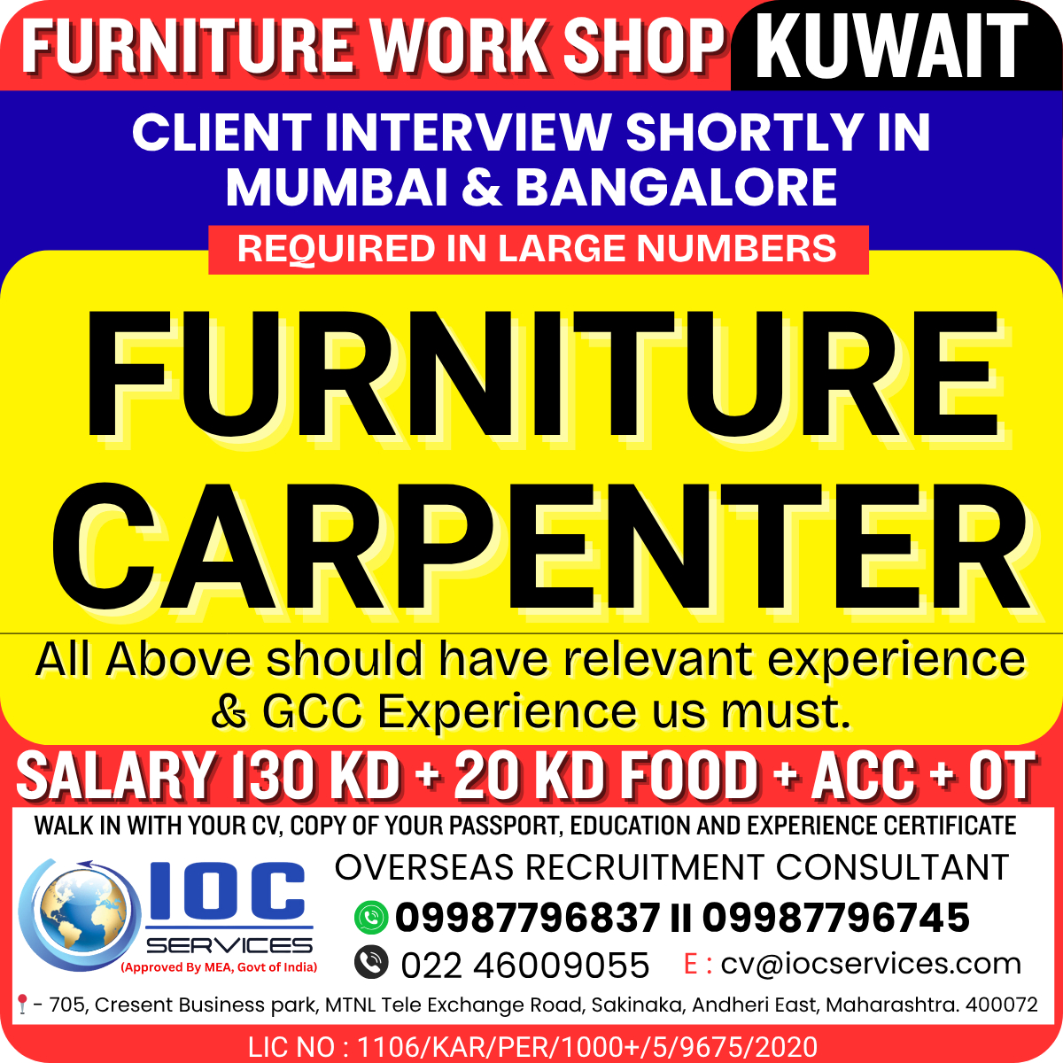 iocsgroup's tweet image. Join us soon! Exciting carpenter job opportunity in Kuwait with an attractive salary. Vibrant visuals, clear layout. Don't miss out! #FurnitureDesign
#CarpentryArt
#CustomFurniture
#WoodworkingLife
#FurnitureMaker
#HandmadeFurniture
#Woodcraft
#CarpenterLife
#FurnitureInspo