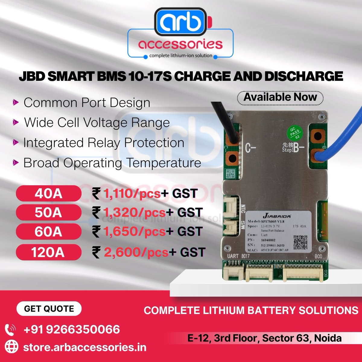 arb_ltd's tweet image. ⚙️ JBD Smart BMS –  🔋

🔹 JBD Smart BMS 10–14S – Charge &amp;amp; Discharge: 20A, 30A
🔹 JBD Smart BMS 10–17S – Charge &amp;amp; Discharge: 40A, 50A, 60A, 120A

🛒 Buy Now:
store.arbaccessories.in/category/jbd-b…

#Arbaccessories #JBDBMS #SmartBMS #EVBattery #BatteryManagementSystem #ElectricVehicle