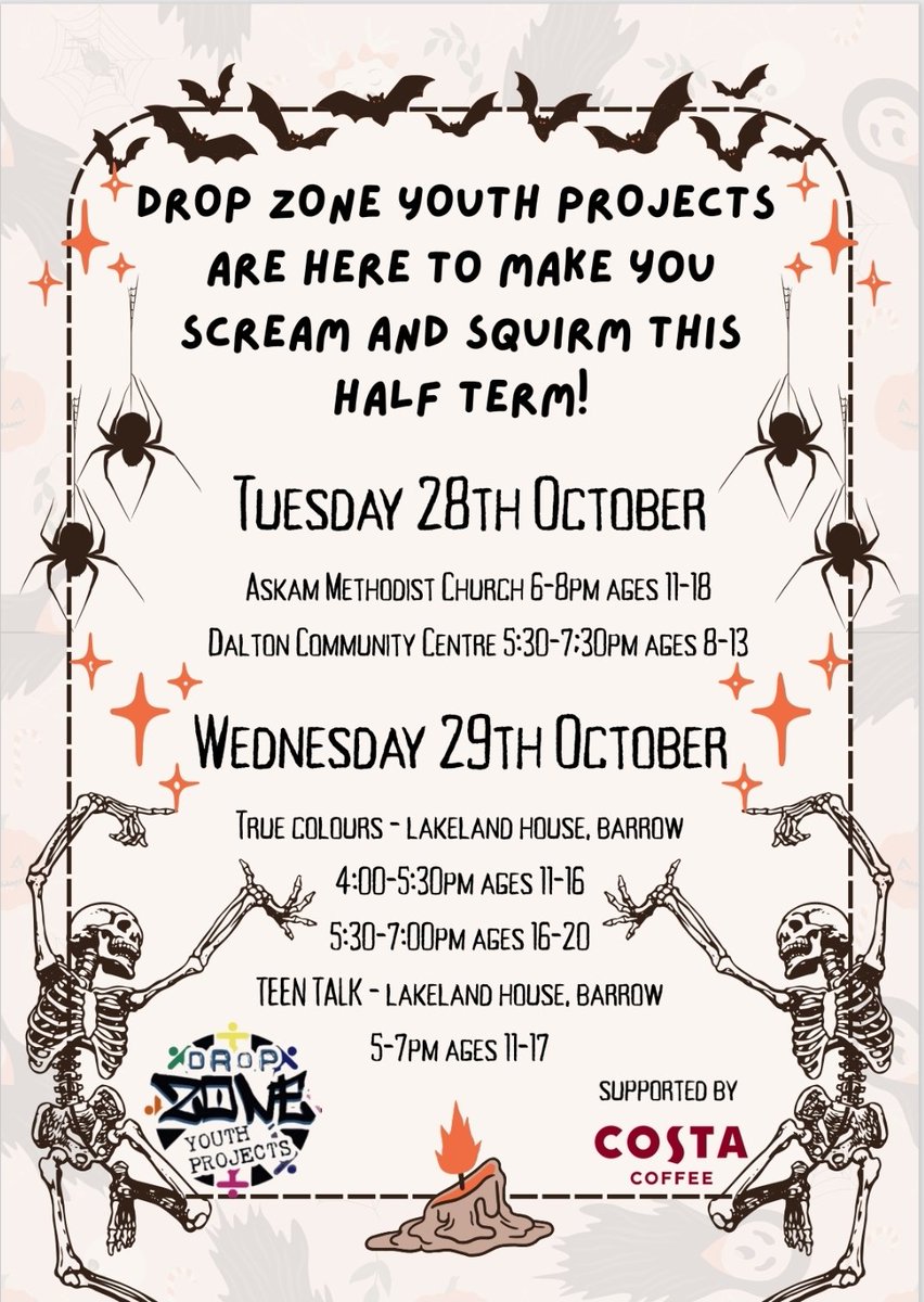 Please see below our October half term delivery. All sessions are free😁

🎃👻 Get ready to scream and squirm this half term! 👻🎃
#Costa