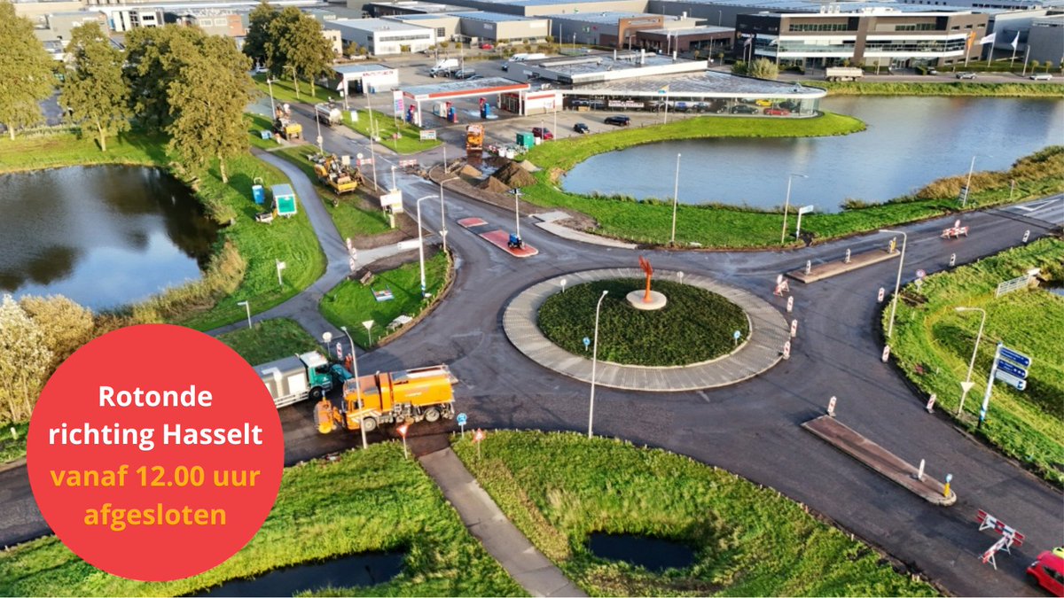 ℹ️ Vanwege slechte weersvoorspellingen starten we eerder met betonwerkzaamheden. Daardoor is de rotonde op de Nieuwe Weg in Genemuiden vandaag ook tussen 12.00 en 19.00 uur in de richting van Hasselt afgesloten. We zetten extra verkeersregelaars in.