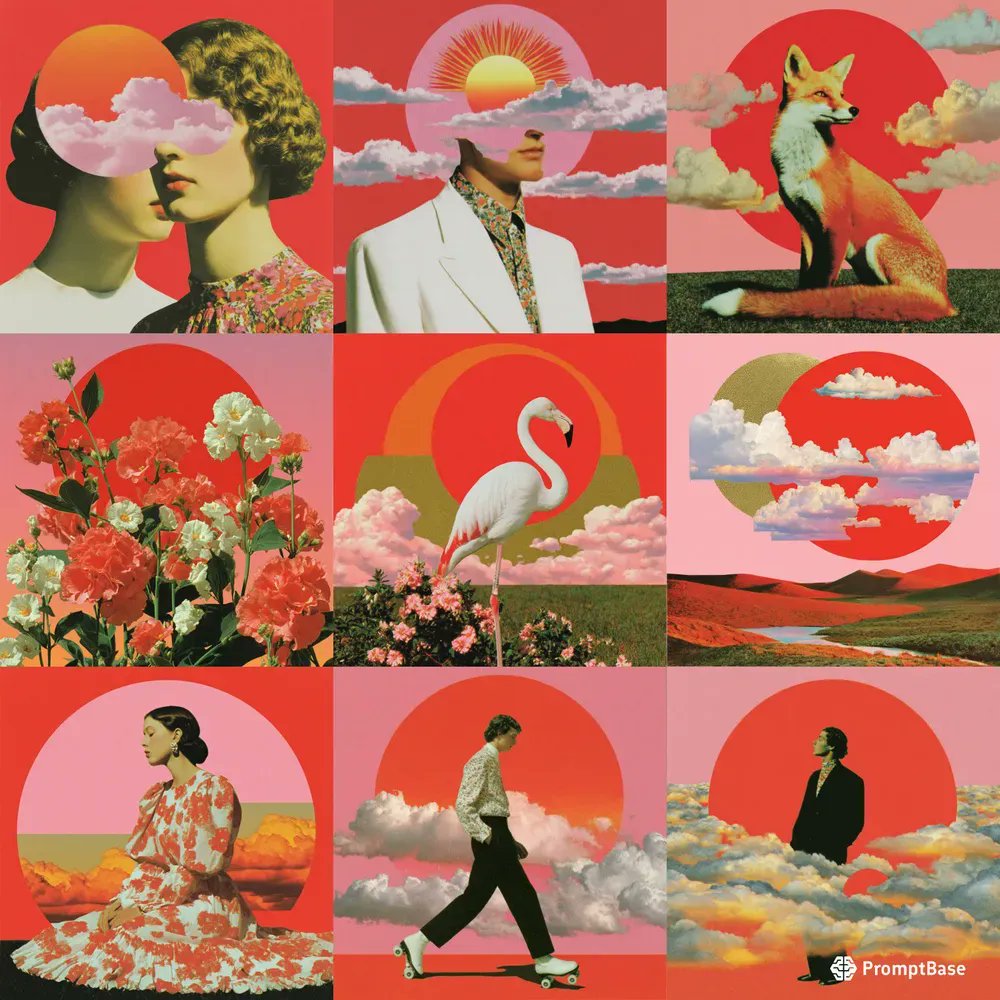promptbase's tweet image. Radiant Retro Collage Surrealism Art by @sjj_design using Midjourney 🌈🌀