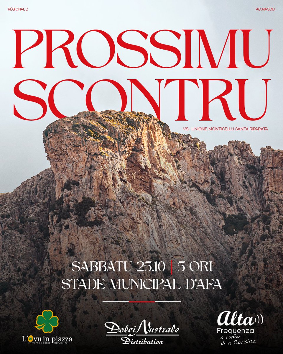 𝐏𝐑𝐎𝐒𝐒𝐈𝐌𝐔 𝐒𝐂𝐎𝐍𝐓𝐑𝐔

Cari sustinidori, l'AC Aiacciu fera ses grands débuts à domicile dans le Pays Ajaccien ! Nous vous donnons rendez-vous 𝐬𝐚𝐦𝐞𝐝𝐢 𝟐𝟓 𝐨𝐜𝐭𝐨𝐛𝐫𝐞 à 𝟏𝟕𝐡 au stade Municipal d'Afa contre l'Unione Munticellu Santa Riparata ⚔️

Nous comptons