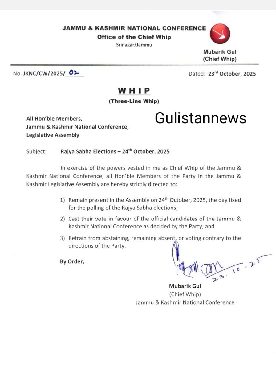 GulistanNewsTV's tweet photo. JKNC Issues Whip to MLAs Ahead of J&K Rajya Sabha Polls
@JKNC_ #JKNC #RajyaSabhaElection #JKPolitics #JammuAndKashmir #MLAs #AssemblySession2025 #PoliticalUpdates #PartyWhip #LegislativeDiscipline https://t.co/frePtdwSyc
