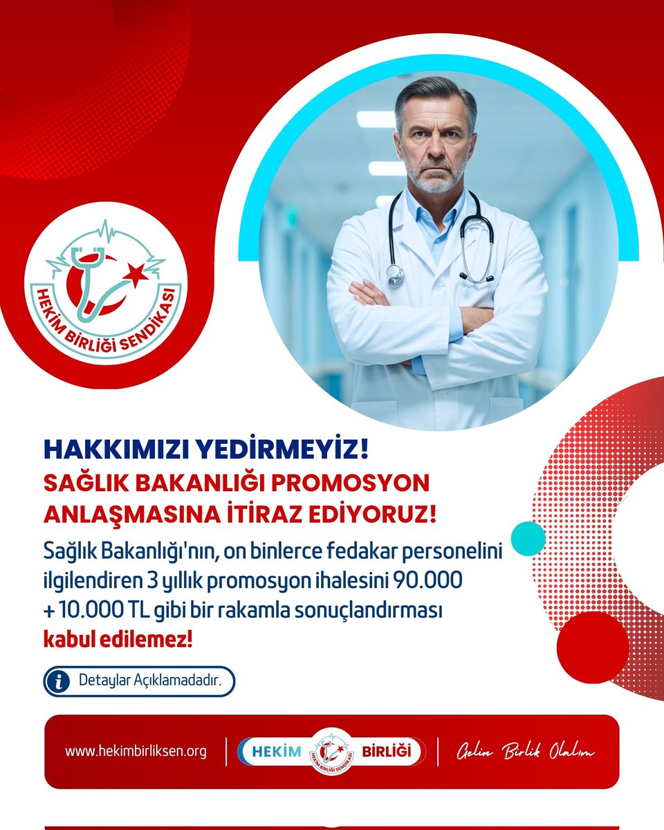 Hakkımızı Yedirmeyiz! Sağlık Bakanlığı Promosyon Anlaşmasına İtiraz Ediyoruz!

Sağlık Bakanlığı'nın, on binlerce fedakar personelini ilgilendiren 3 yıllık promosyon ihalesini 90.000 + 10.000 TL gibi bir rakamla sonuçlandırması kabul edilemez!

✔️Süre Uzun, Tutar Düşük: Ekonomik
