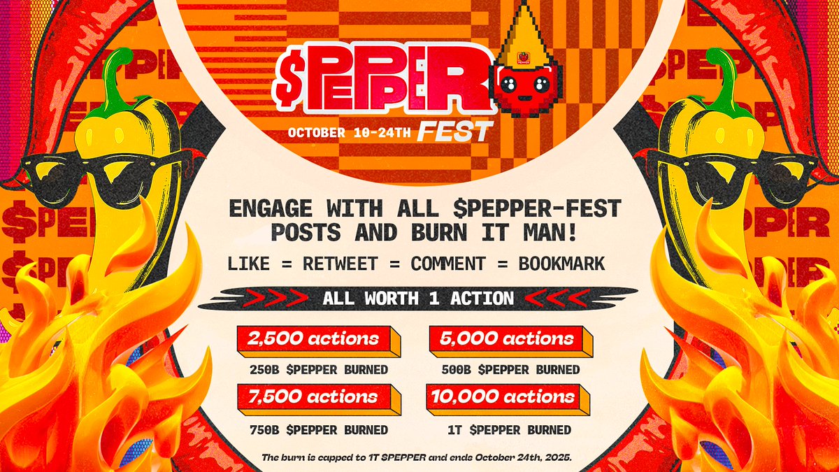 $PEPPER People! ❤️

There are 2 more days of $PEPPER-FEST. And so far, you've made a total of 7,712 actions on <a href="/PepperChain/">$PEPPER For The People 🌶</a>.

4,491 likes
1,824 reposts
1,100 replies
297 bookmarks

Coming 2 days, we need 2,288 more actions to burn the 1T $PEPPER. 🔥🔥🔥🔥

LET'S SPICE IT UP! 🌶️