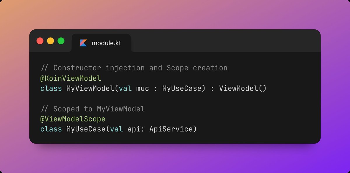 arnogiu's tweet image. 🛟 Lifecycles just got effortless with Koin Annotations 2.2!
Scope Archetypes are ready-to-use:
🔹 @ActivityScope
🔹 @FragmentScope
🔹 @ViewModelScope (Also KMP)
🔄 Lifecycle handling
✨ Cleaner architecture
💪 Less boilerplate
👉 blog.insert-koin.io/koin-annotatio…
#Koin #Kotlin