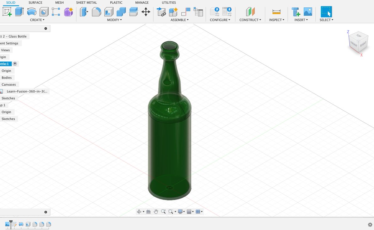 Today's task...the glass bottle. Looks a little wonky but I'm on vacation rn. I find it much harder to do this stuff on a laptop with just the trackpad. 

Tomorrow I want to sketch a bottle cap then create a six pack 🍻 

I seriously can't recommend the "Learn Fusion 360 in 30