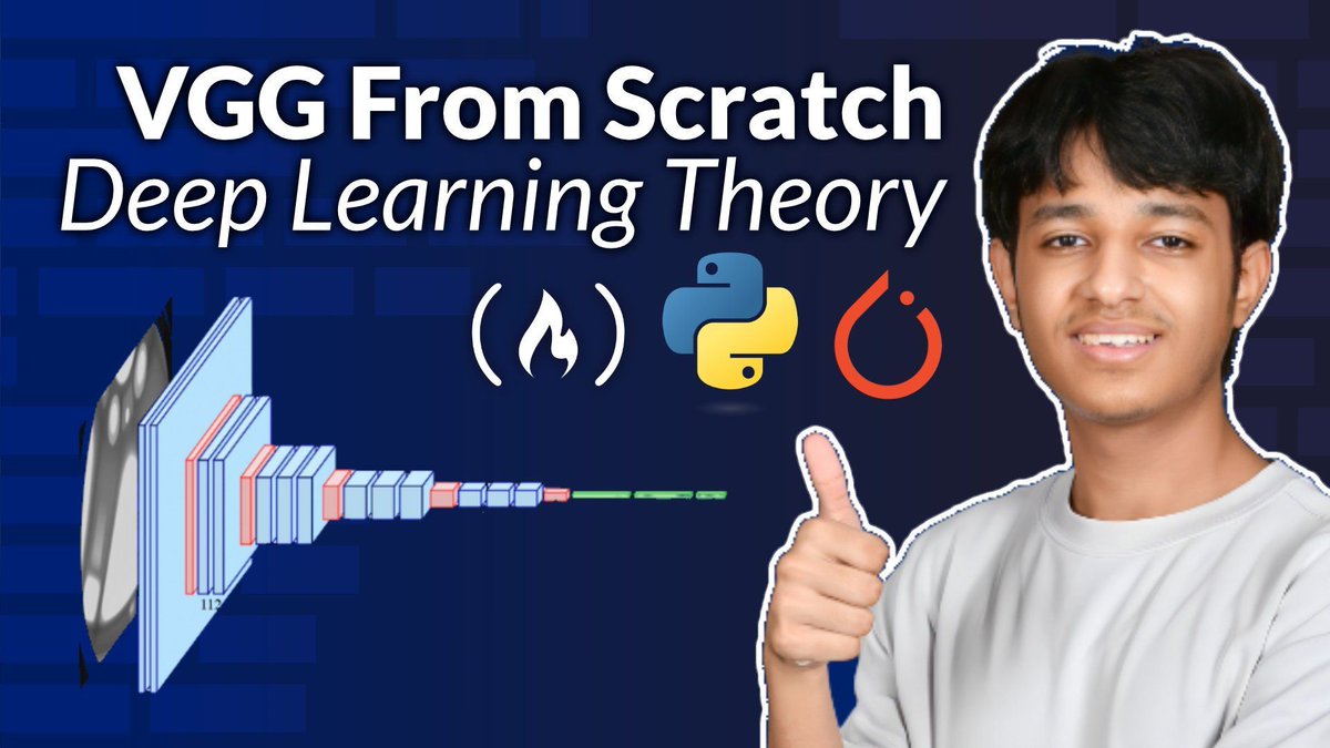 freeCodeCamp's tweet image. Visual Geometry Group (VGG) is a powerful convolutional neural network used for computer vision tasks.

It&apos;s known for image recognition and feature extraction - and you&apos;ll learn how it works in this course.

You&apos;ll rebuild the VGG architecture from the ground up and learn its…