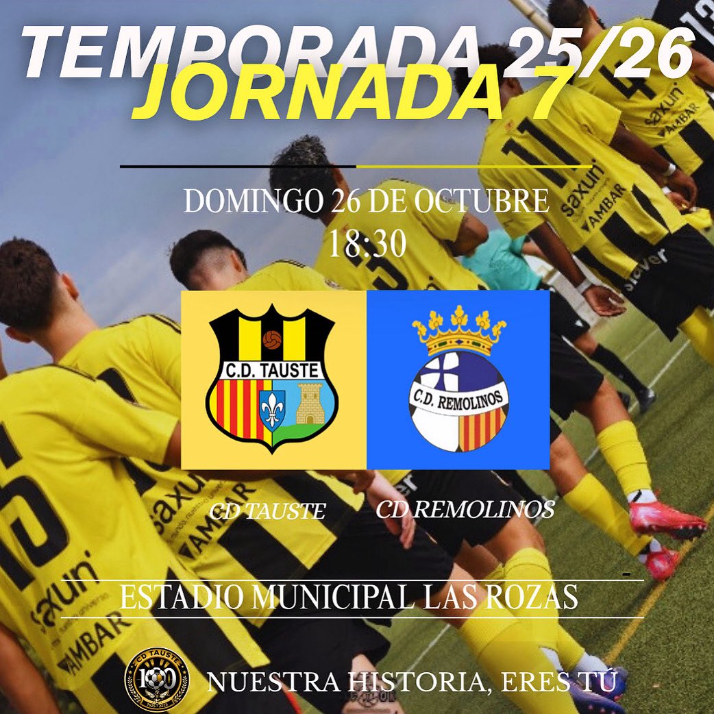 JORNADA 7⚽️

Este domingo hay partidazo en Las Rozas🔥
Nos visitan nuestros vecinos del Remolinos, que actualmente ocupa la segunda posición de la tabla. Nuestro objetivo es sacar los tres puntos delante de nuestra afición. 
Nos vemos el domingo en Las Rozas😃🙌🏼
Aupa el Tauste🐝