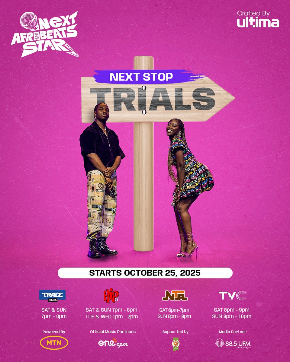 The train is moving to the next stop — TRIALS! 

Are you hopping in? This phase turns the heat up as the original hitmakers give their verdicts. Don’t get left behind. It’s about to get real! 🥳

#NextAfrobeatsStar #Afrobeats