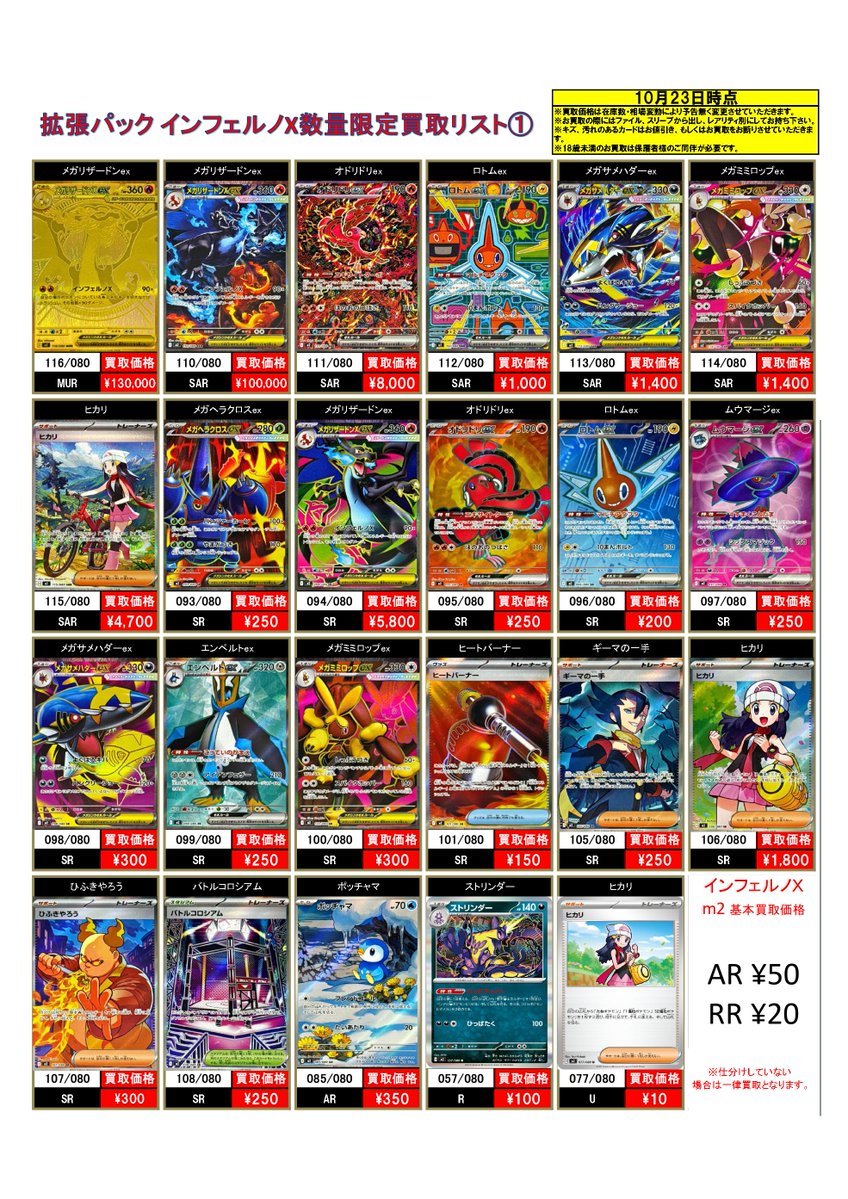 10/23 ポケモンカード買取表更新!

💥数量限定買取💥
#インフェルノX #m2

🔥116/080 MUR メガリザードンex 130000
🔥110/080 SAR メガリザードンex 100000
🔥094/080 SR メガリザードンex 5800

こちらは今現在の価格であり、在庫数や状態で減額になる場合があります。

#ポケカ
#GS上大岡