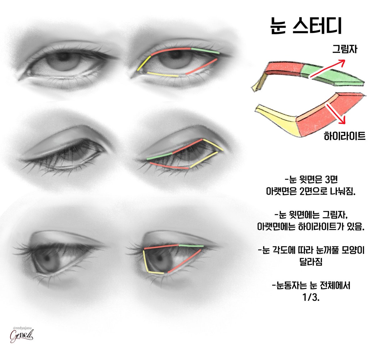 눈 스터디👀
-눈 윗면은 3면, 아랫면은 2면으로 나누어짐
-윗면에는 그림자, 아랫면에는 하이라이트 가 있음
-눈 각도에 따라 눈꺼풀 모양이 달라짐
-눈동자는 눈 전체에서 1/3