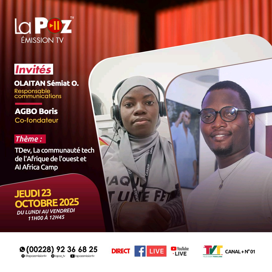 tdevorg's tweet image. 🎥 La famille TDEV passe à la télé ! 

Retrouvez-nous aujourd’hui à 11h sur la @TVTOfficiel, dans l’émission LaPoz, pour parler de #TDEV et du #AIAfricaCamp 😊

On compte sur vous pour nous suivre et partager massivement 💪

#TgTech #Nufia #Edtech #IA #LaPoz #TVT #CommunautéTech