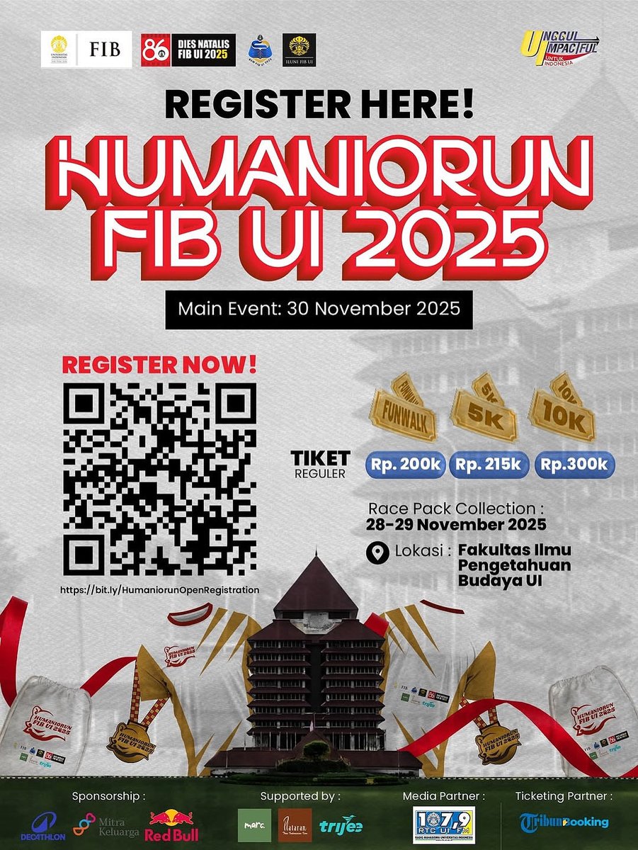 ui_event's tweet image. ‼️ 🏃READY, SET, REGISTER🏃‍♀️‼️

Keseruan HUMANIORUN FIB UI 2025 udah di depan mata! 🎉

Gaskeun, jadi bagian dari gerakan #BergerakUntukSesama bareng runners lainnya! 

Daftar sekarang di sini ⬇️
🔗 booking.tribunnews.com/running/humani…

#HUMANIORUNFIBUI2025 #BergerakUntukSesama