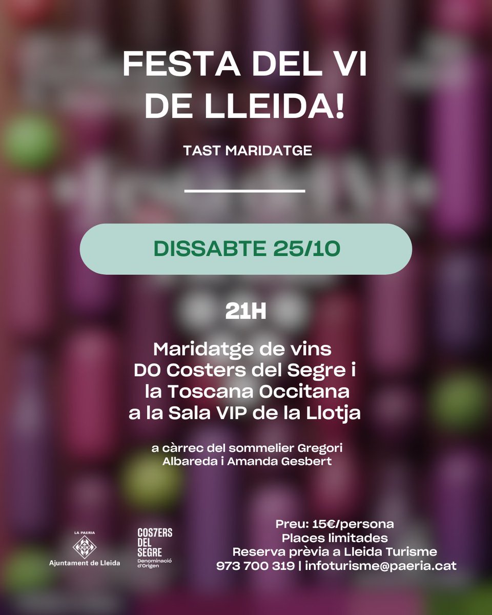 Aquest cap de setmana la Plaça de la Llotja de Lleida s'omplirà de vi i gastronomia local!

Dissabte 25/10 a les 21h: maridatge de vins DO Costers del Segre i la Toscana Occitana a la Sala VIP de la Llotja 👉🏼a càrrec del sommelier Gregori Albareda i Amanda Gesbert! 🍷