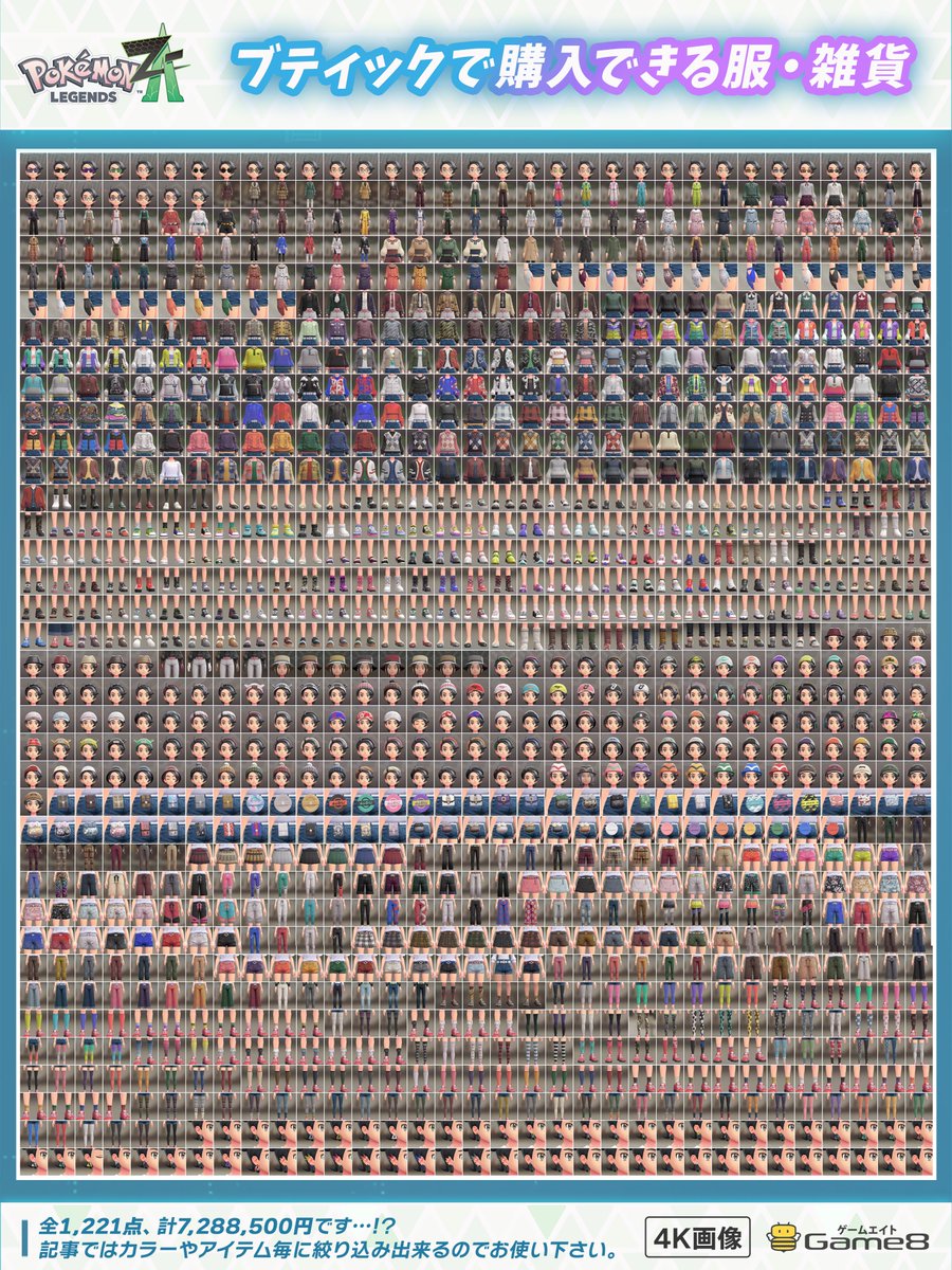 『服・ファッション雑貨』を全網羅👗
全て購入すると「全1,221点、計7,288,500円」です。
game8.jp/pokemon-legend…

記事では、"カラーでの検索""アイテムの絞り込み"が可能！
画像は4Kなので、読み込みを行うと高画質になります。
#ポケモンレジェンズZA #PokemonLegendsZA