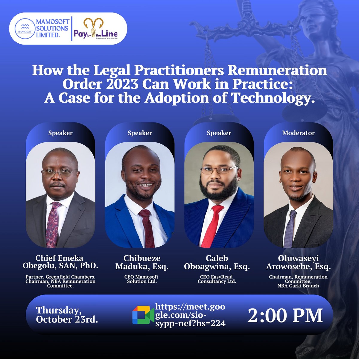 Mamosoft's tweet image. ⚖️ Happening Today!

Join us at 2:00 PM as we unpack how technology can make the Legal Practitioners Remuneration Order 2023 work in practice.

🔗 Register: forms.gle/KVsx44vnE2nBJQ…
Join Live: meet.google.com/sio-sypp-nef

#LawAndTech #RemunerationOrder #legalpractice #viral #nigeria
