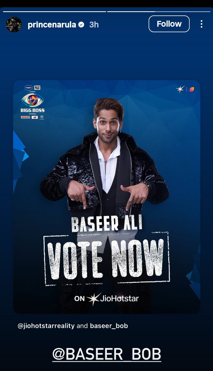 TeamPeloOnline's tweet photo. The OG reality show's winner #PrinceNarula has appealed for votes for #BaseerAli  Now it’s your turn  go to JioHotstar and vote for our champ @Baseer_Bob ❤️ There are so many people who truly love and support him  let’s make those votes count! 💪🔥#BaseerSquad. #BiggBoss19 https://t.co/uRRKz7K8y1