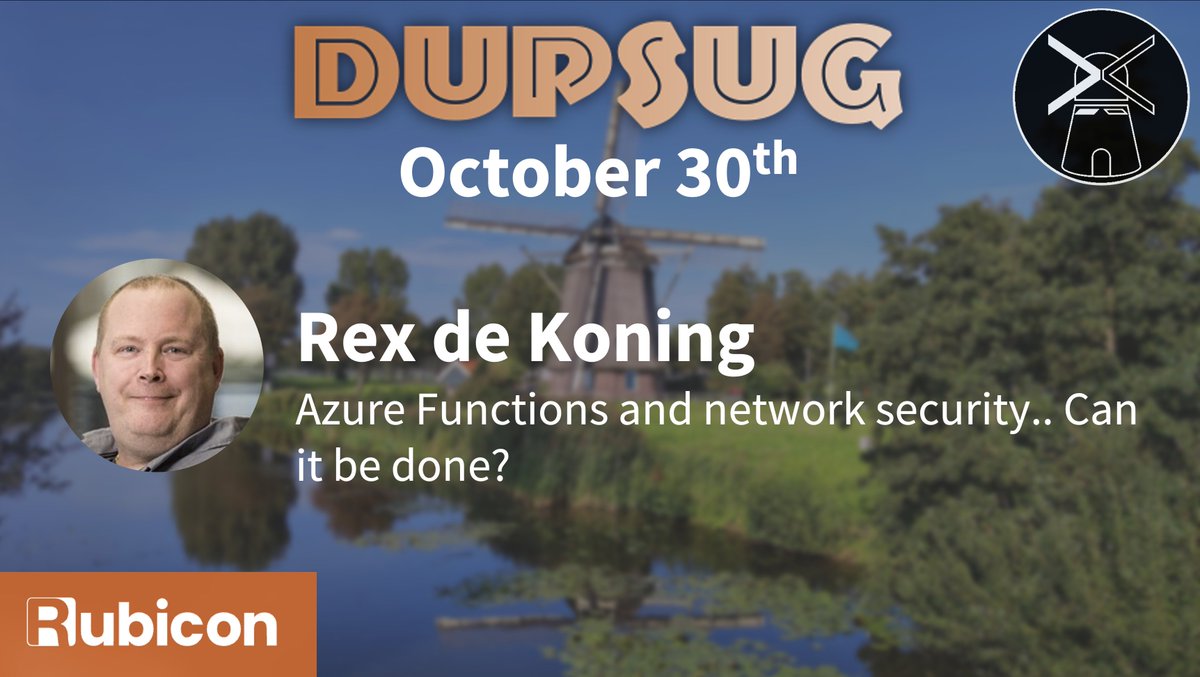 Jaap_Brasser's tweet image. Excited to have @rexdekoning at our next DuPSUG event on Oct 30! He’ll tackle a big question:
Azure Functions and network security… can it be done?
Join us in Leusden at @rubicongroupnl for dinner, talks, and networking.
@DuPSUG #PowerShell #MVPBuzz