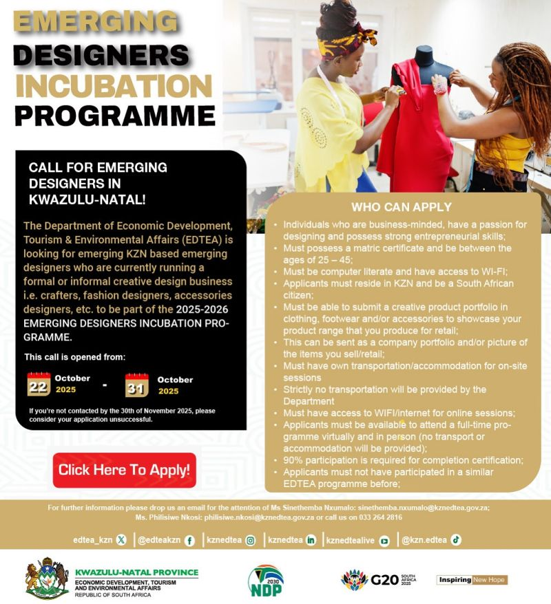 If you know any emerging designers or people who have started a business in dress making or making uniforms and designing. 
I have previously worked for this programme and its really amazing for the designers. Please share with u anti wakho othungayo