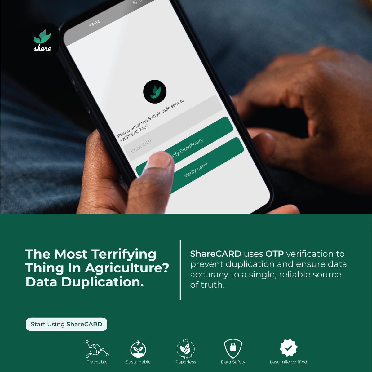 sharecard_app's tweet image. unified platform uses a one time OTP sent through the farmers inique phone number to eliminate duplication at the source, giving you one single source of truth.
#DataDuplication #AgriHorrorStory #DataIntegrity #FarmManagement